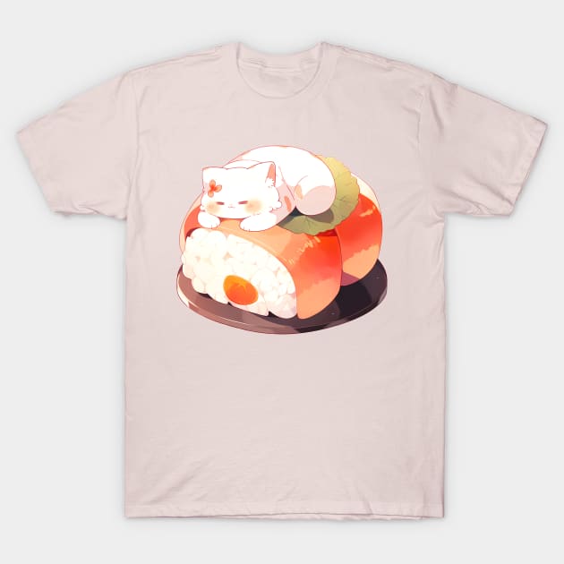 Kitty lies on sushi T-Shirt by NemfisArt